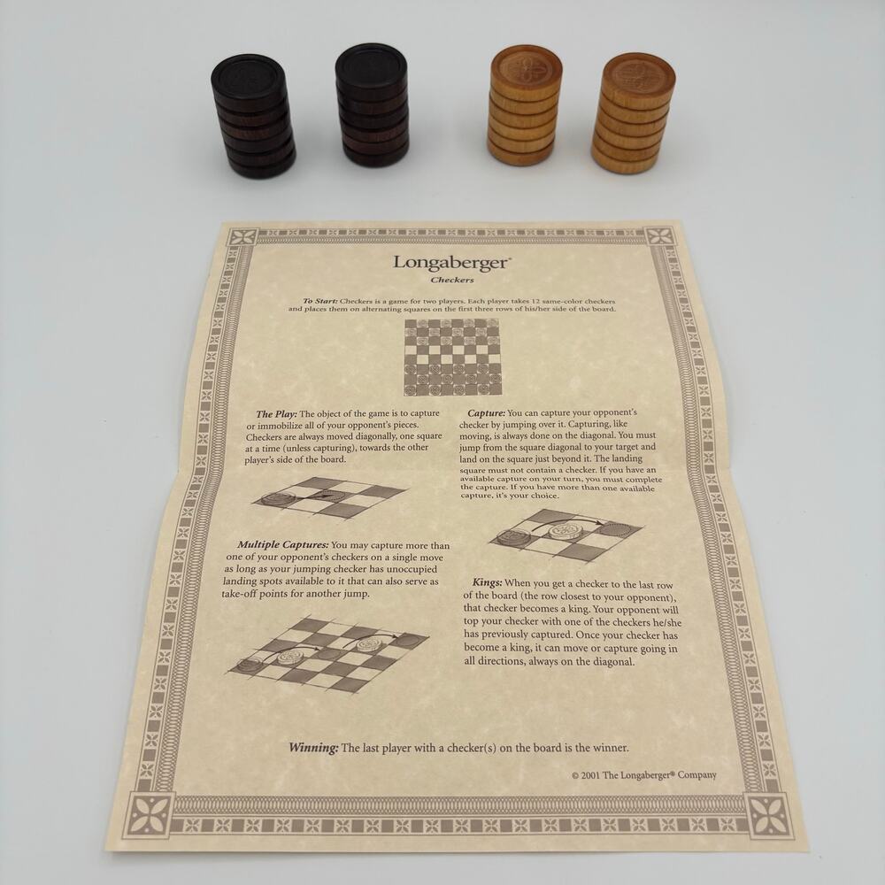 Longaberger Checkers Instructions and Pieces - 12 Brown & 12 Tan